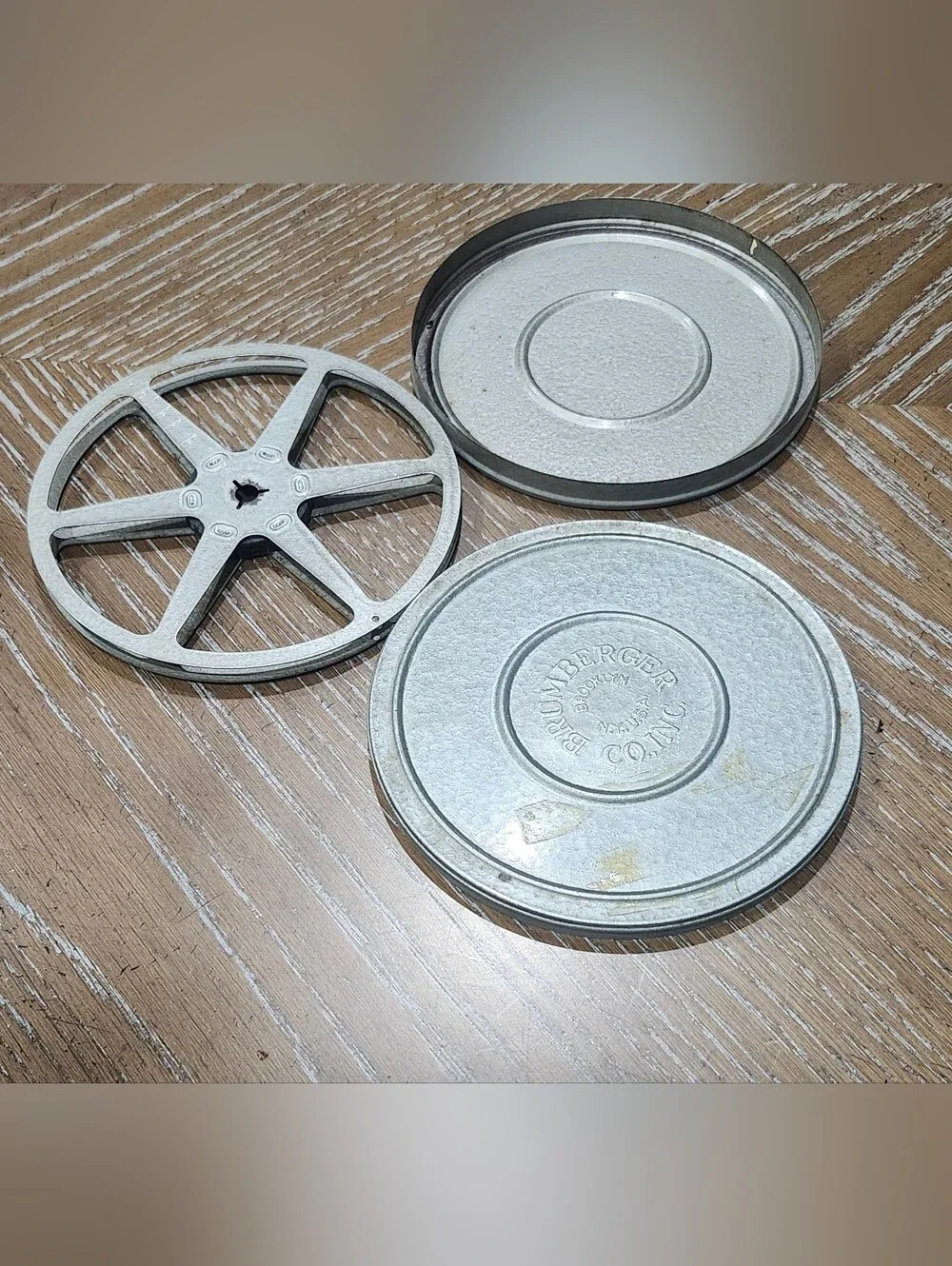 Two Vintage Metal BRUMBURGER 8mm Film Canisters and Take Up Reels 6